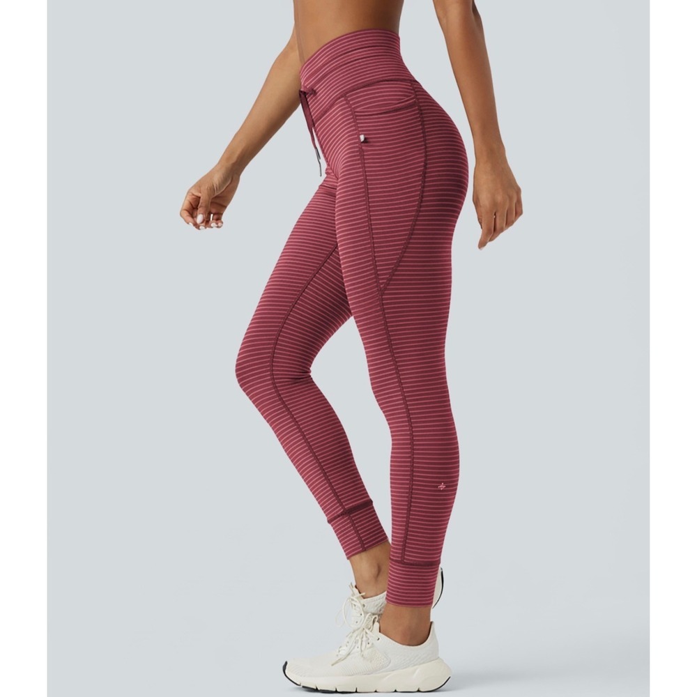 Halara Womens High Waisted Striped Yoga Leggings Pockets Burgundy Small 7/8